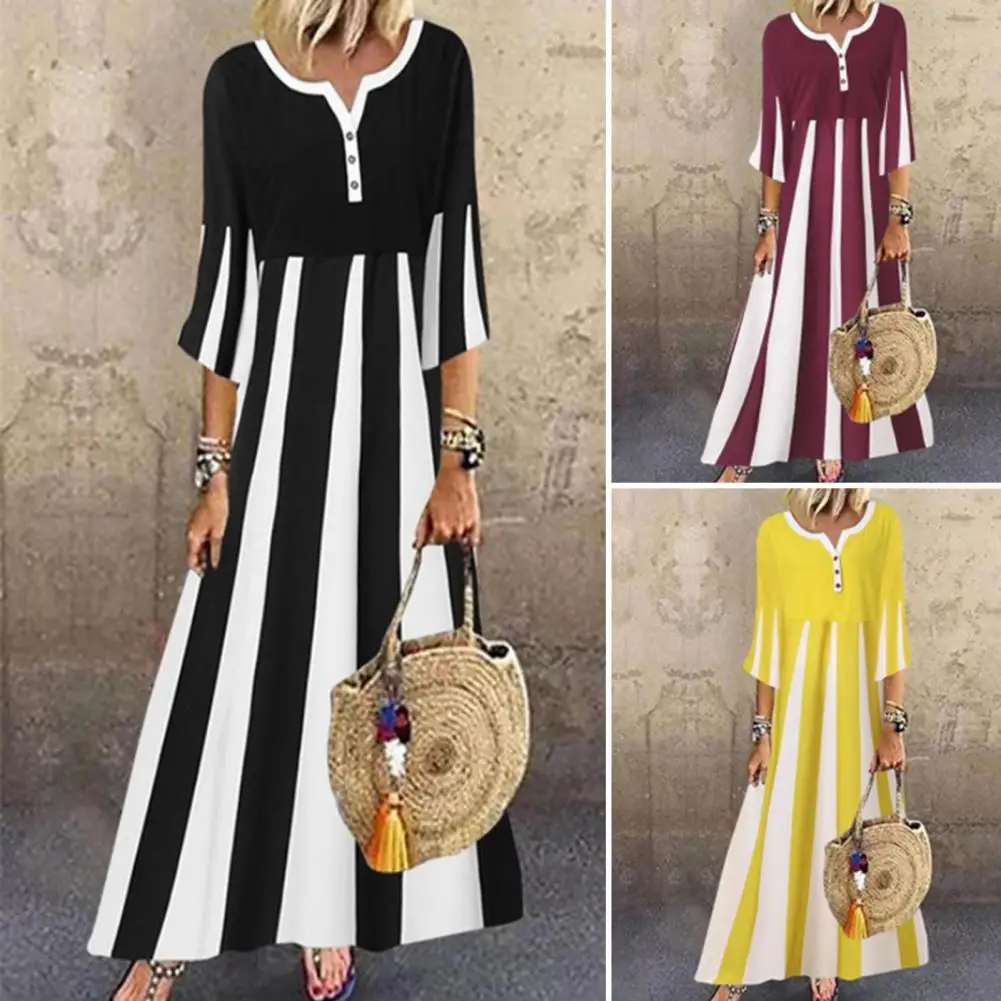 

Шикарное длинное платье А-силуэта, Удобное повседневное платье, женское длинное платье с принтом в полоску и широким подолом