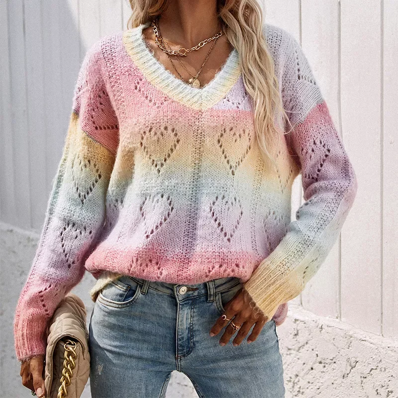 

Women Autumn Winter V Neck Hollow Out Sweater Knitted Rainbow Love Heart Pullover Sweaters Long Sleeve Jumper Soft Pull Femme