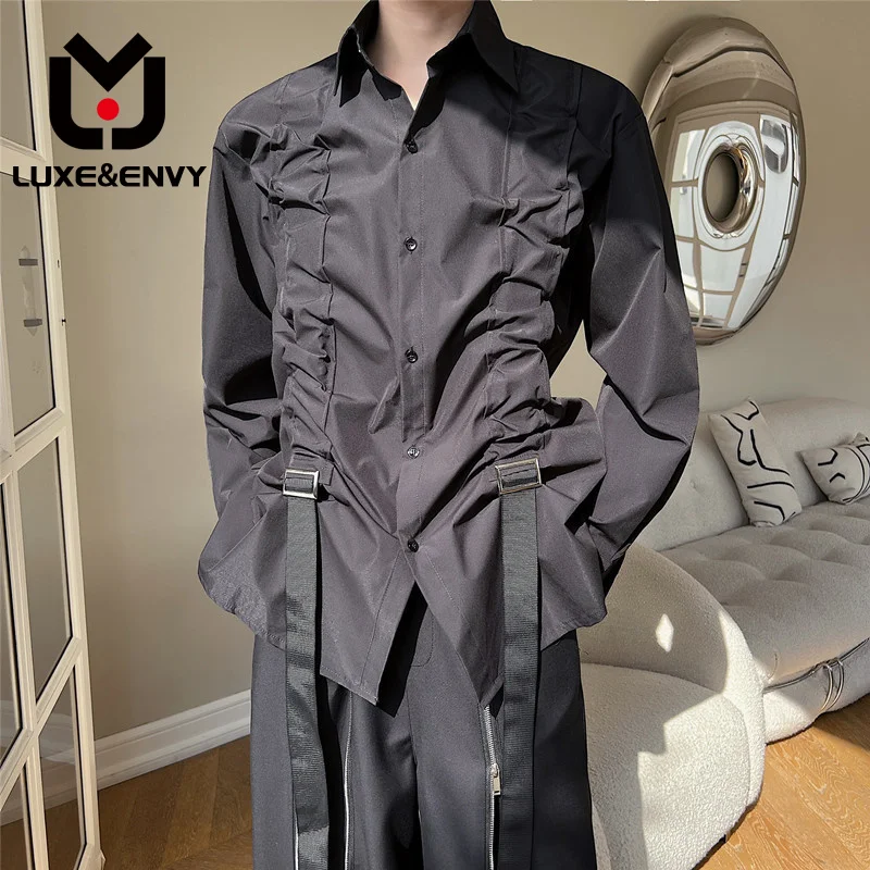 

Роскошная & ENVY Dark стильная индивидуализированная Мужская рубашка с длинными рукавами, украшенная кулиской, новинка 2023, модный однотонный топ