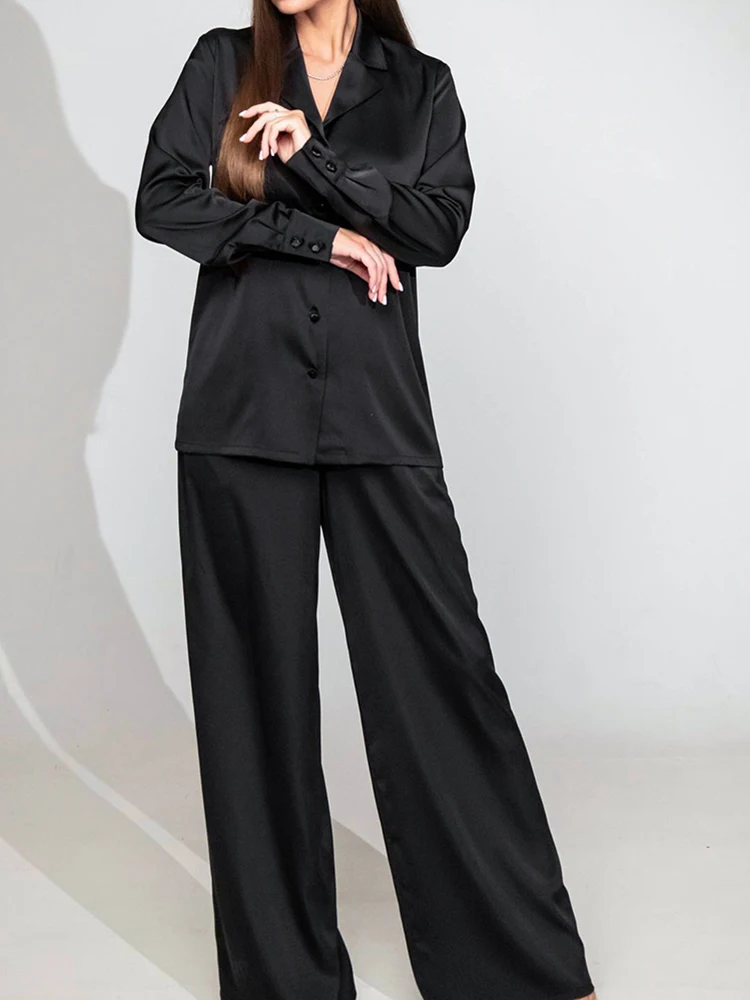 

Linad Black Pajamas For Women 2 Piece Sets Casual Long Sleeve Sleepwear Sashes Female Loose Trouser Suits Autumn Nightwear