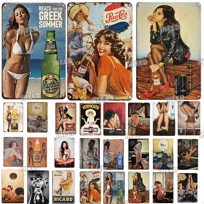 INEED Decor Pin Up Girl Metal Vintage Beer Tin Sign Poster Metal Sign Plaque Wall Decor for Bar Pub Club Man Cave Decoration