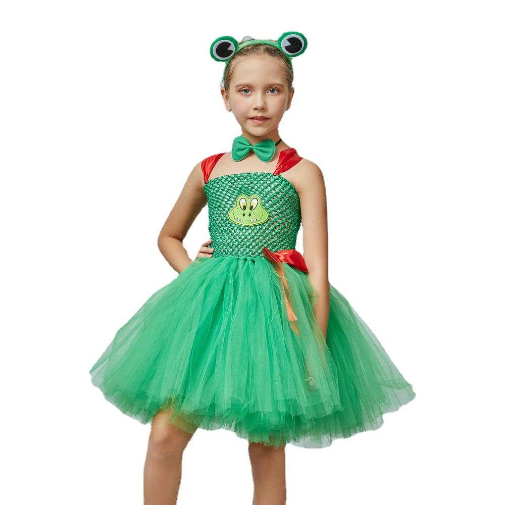 

Kids Cute Frog Tutu Dress Costume Children's Holiday Party Dress with Headband Tail for Girls Halloween Green Cosplay Suit