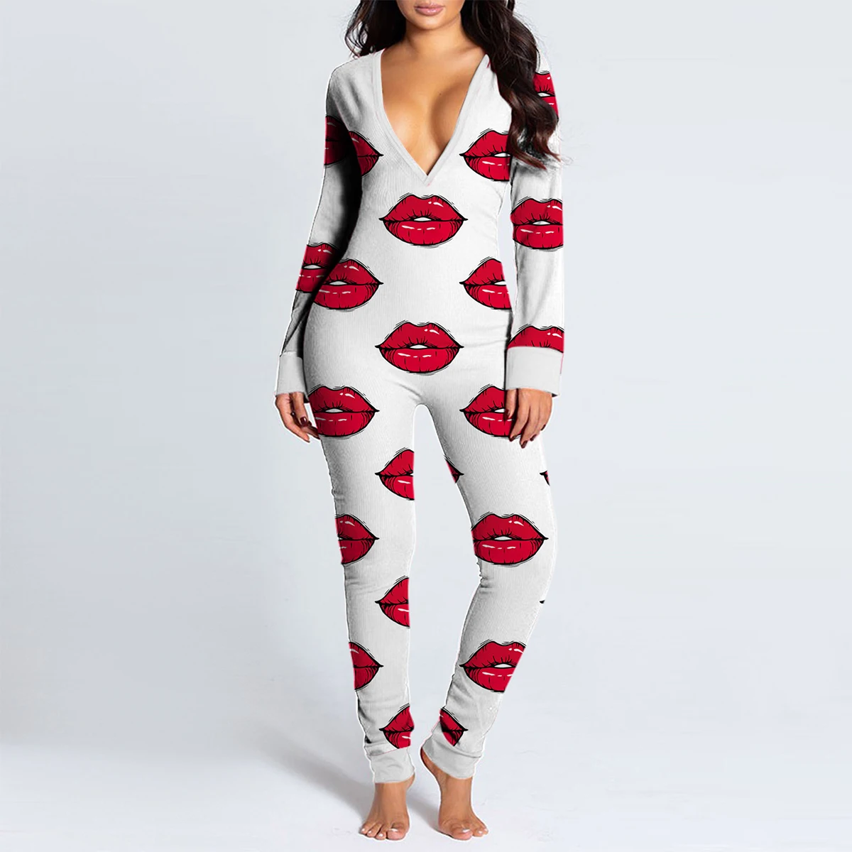 

Jumpsuit Women 2022 High Quality Ladies Sexy V-Neck Long Sleeve Print Super Stretchy Home Underwear Suit Button-Up Flip Clothes
