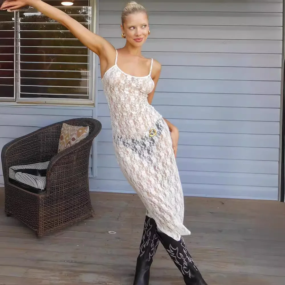 HOUZHOU сексуальное кружевное платье на тонких бретельках женское модное