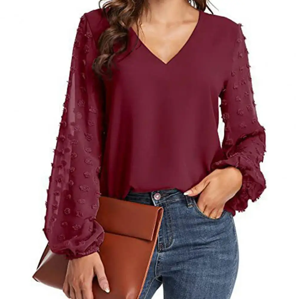 

Elegant Skin-touch Jacquard Long Sleeve Splicing Chiffon Top Female Clothes