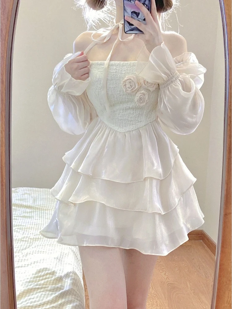 

White Kawaii Party Mini Dress Women Flower Sweet Korean Style Dress Female Off Shoulder Sexy Japanese Fairy Dress Autumn 2022