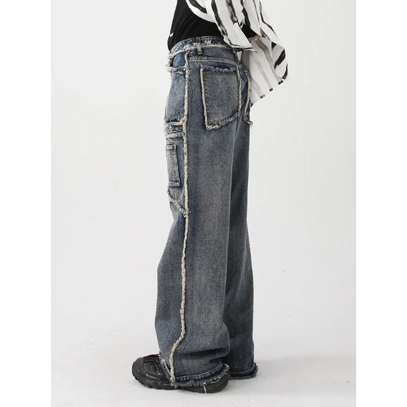 Autumn and Winter High Street Wide Leg Trousers Men's Pants New Autumn Vintage Wash Rough Edge Straight Tube Splicing Male Jeans
