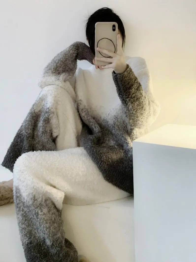 Плюшевая вязаная Пижама с градиентом цвета полубархатная женская зимняя плотная