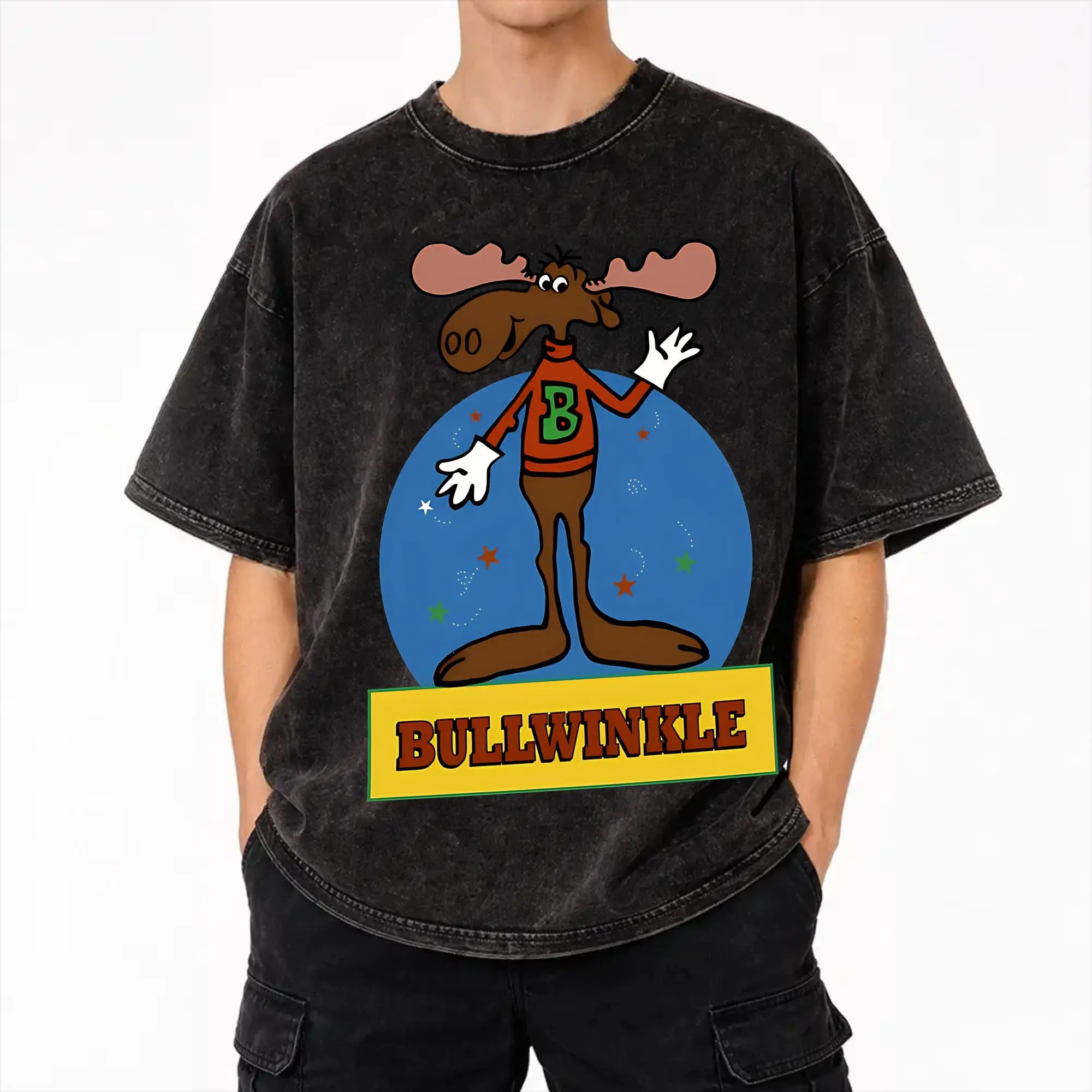 Фото Футболки Rockys Bullwinkles Outfit с эффектом потертости для мужчин и женщин, уличная одежда в стиле хип-хоп, летние футболки, 100% хлопок. №1