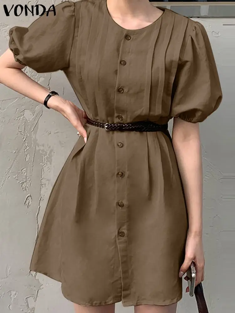 

Fashion VONDA Summer Dress 2023 Casual Solid Sundress Women Short Puff Sleeve Button Party Vestido Elegant Mini Robe Belted