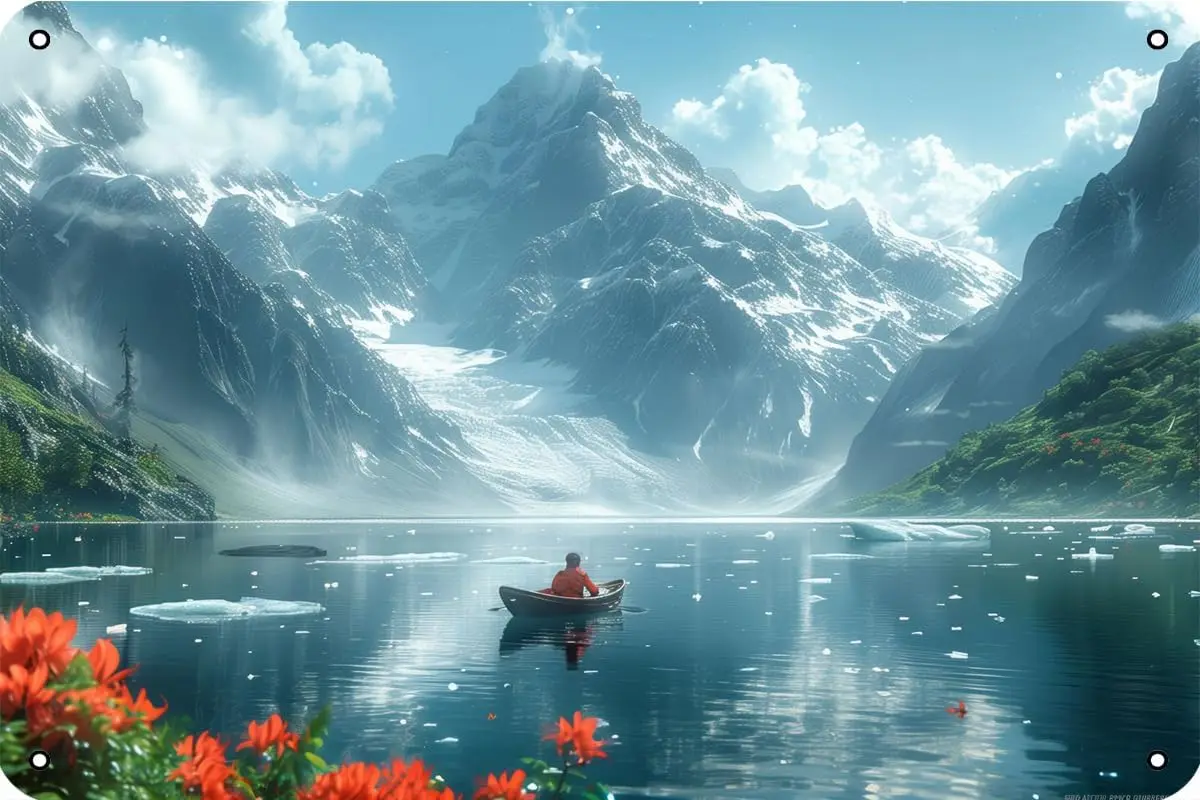 Металлическая вывеска горы озеро лодка 8x12 дюймов