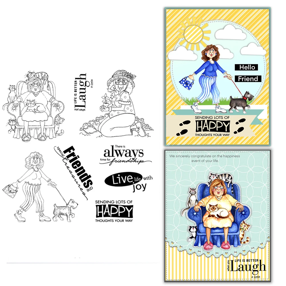 

MangoCraft Old Lady Happy Life Cutting Dies Clear Stamp Set Stencils For Decor DIY Scrapbooking Cards Embossing Stamps Die