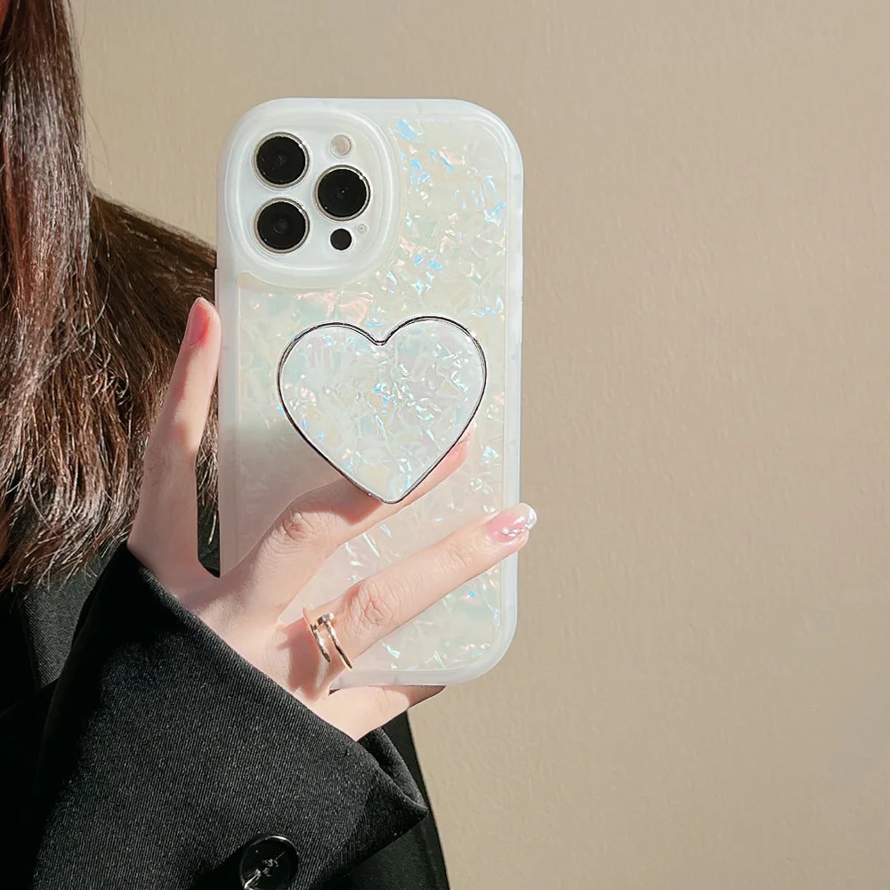 Trinket Shell Round Phone Case Cute Love 3D Heart Stand Holder Capa for Iphone14 13 Mini Xsmax X Xr 8 7 Plus 12 11 Pro Max