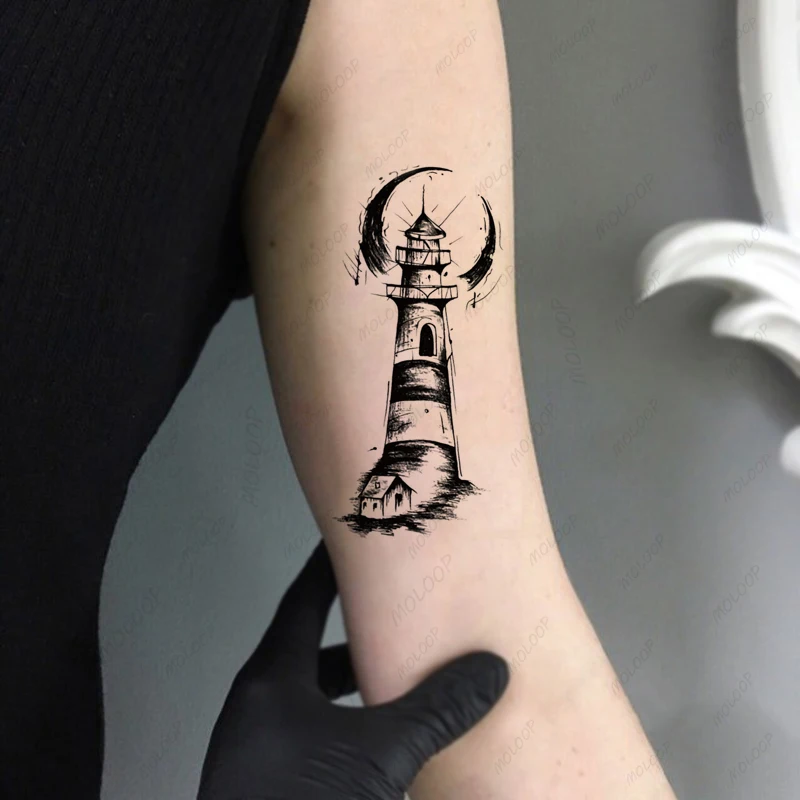 

Lighthouse Tattoo Sticker House Building Waterproof Temporary Men Women Fake Tattoos Makeup Body Art