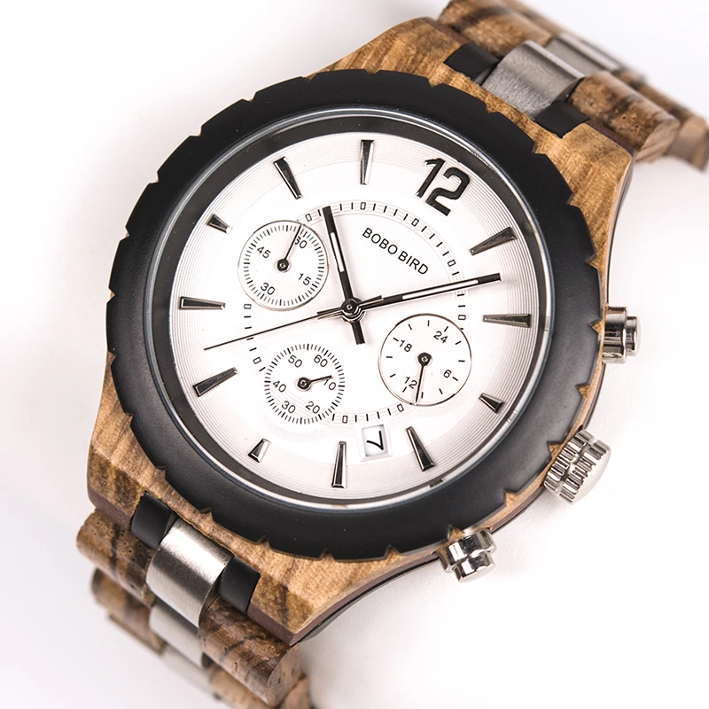 

BOBOBIRD Luxury Men's Watches Handmade Natural Wooden Quartz Wristwatch Chronograph Wooden Box Gift For Man Customize Logo