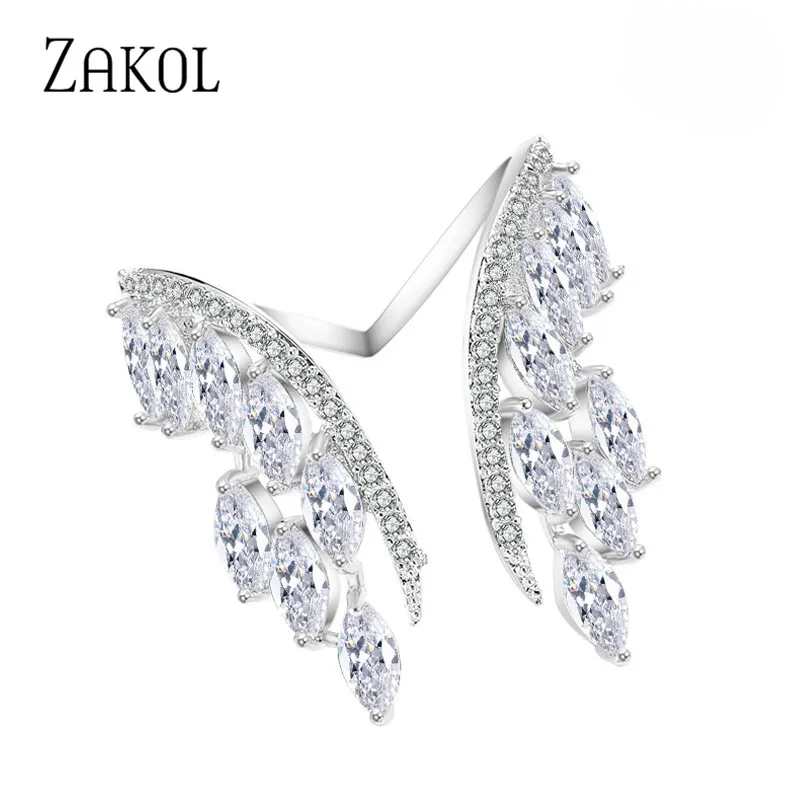 

ZAKOL European Style White Color Wing Open Ring Dazzling Crystal Zircon Finger Rings Fashion Women Wedding Jewelry RP188
