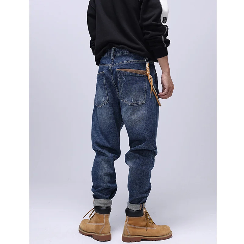 Streetwear Men New Pattern American Vintage Blue Jeans Straight Cylinder Loose Elastic Force Street Trousers Autumn Female Sex
