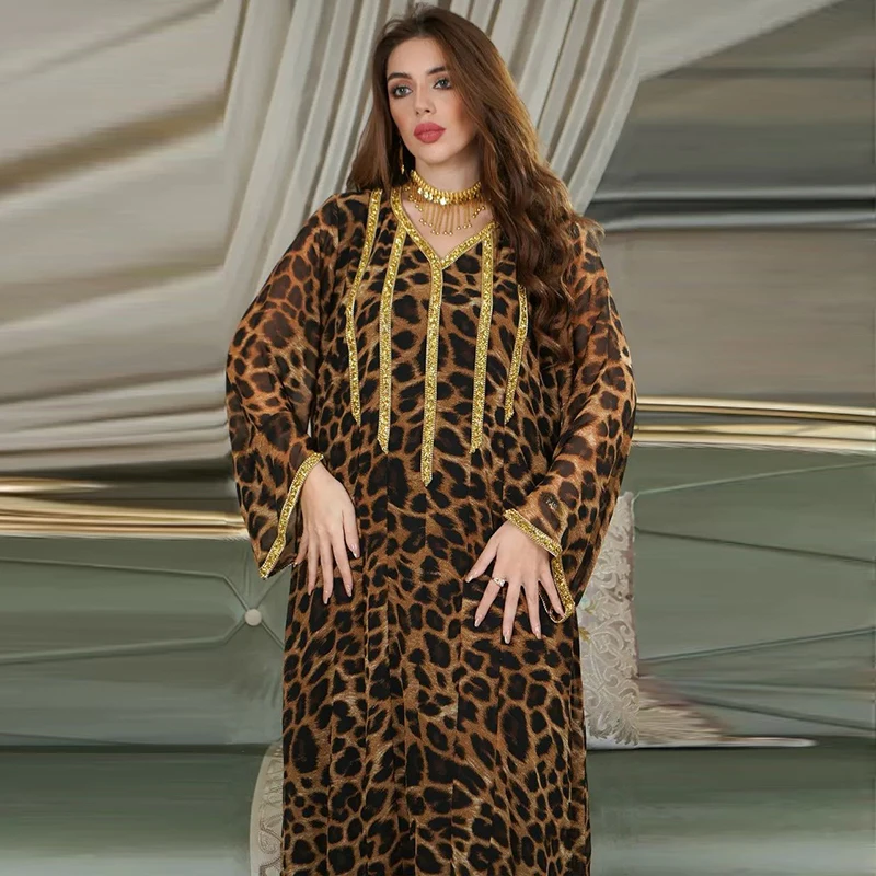 2022 Дубай Abaya Исламская одежда оптом леопардовое женское длинное мусульманское платье арабское платье Caftan Marroqui ?????????ab055