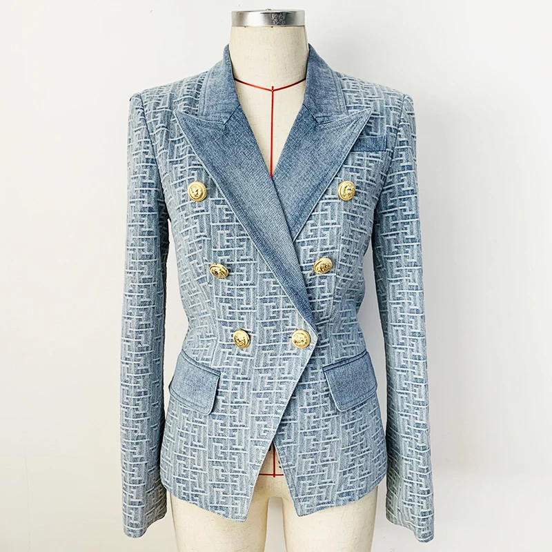 

N GIRLS Newest Fashion 2022 Designer Jacket Women Slim Fitting Double Breasted Lion Buttons Geometric Denim Blazer