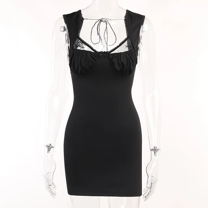 

2023 New Women's Sexy Chest Lace Panel Wide Shoulder Strap Backless Slim Black Min Dress Summer Sleeveless Party Dresses AC394