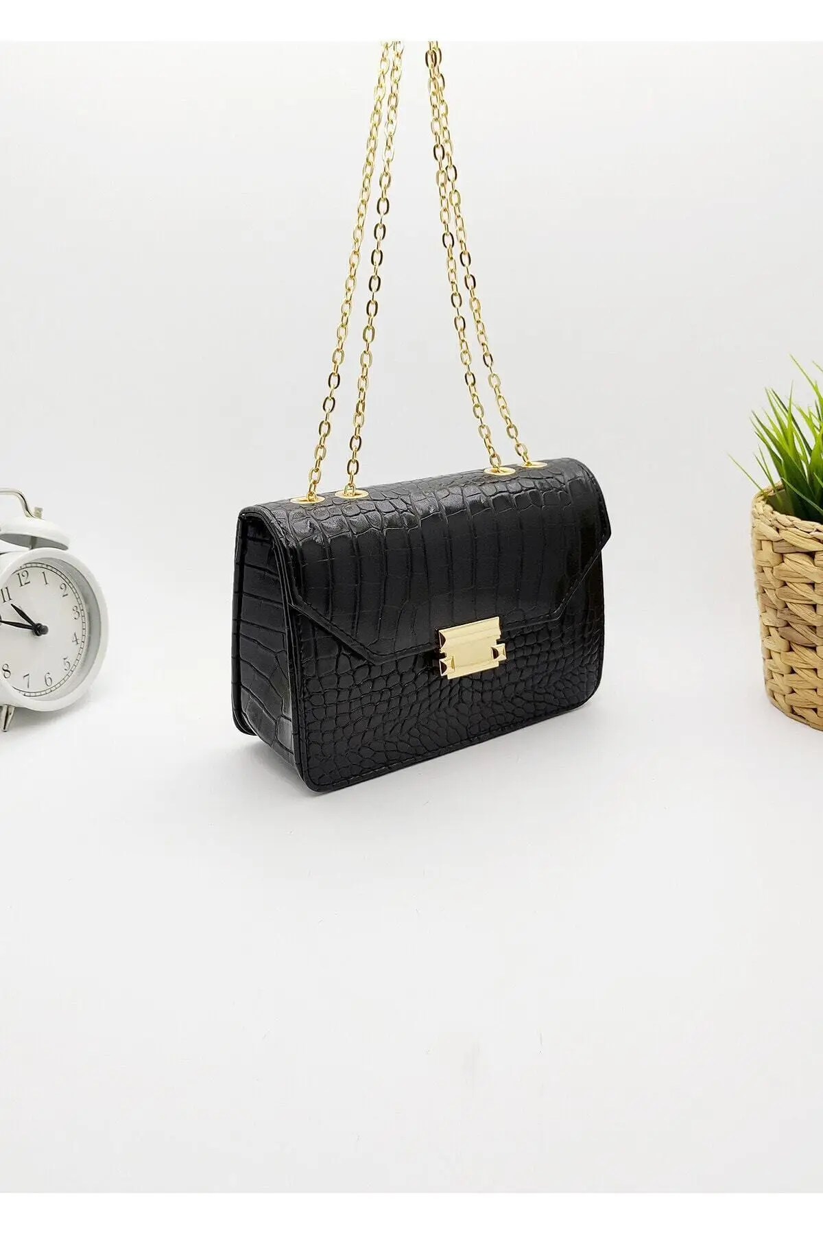 Women's Black Kroko Chain Bag