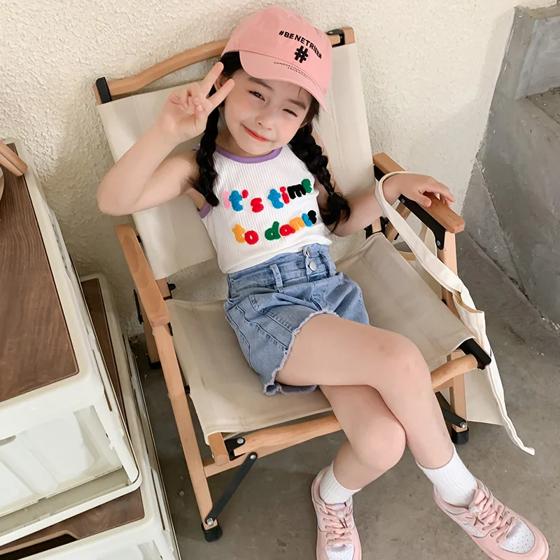 

Mi Do Do 2022 Summer Baby Girls Fashion Towel Embroidery Sleeveless T-Shirt Children Casual Cotton O-neck Tee Vest Kids Clothes
