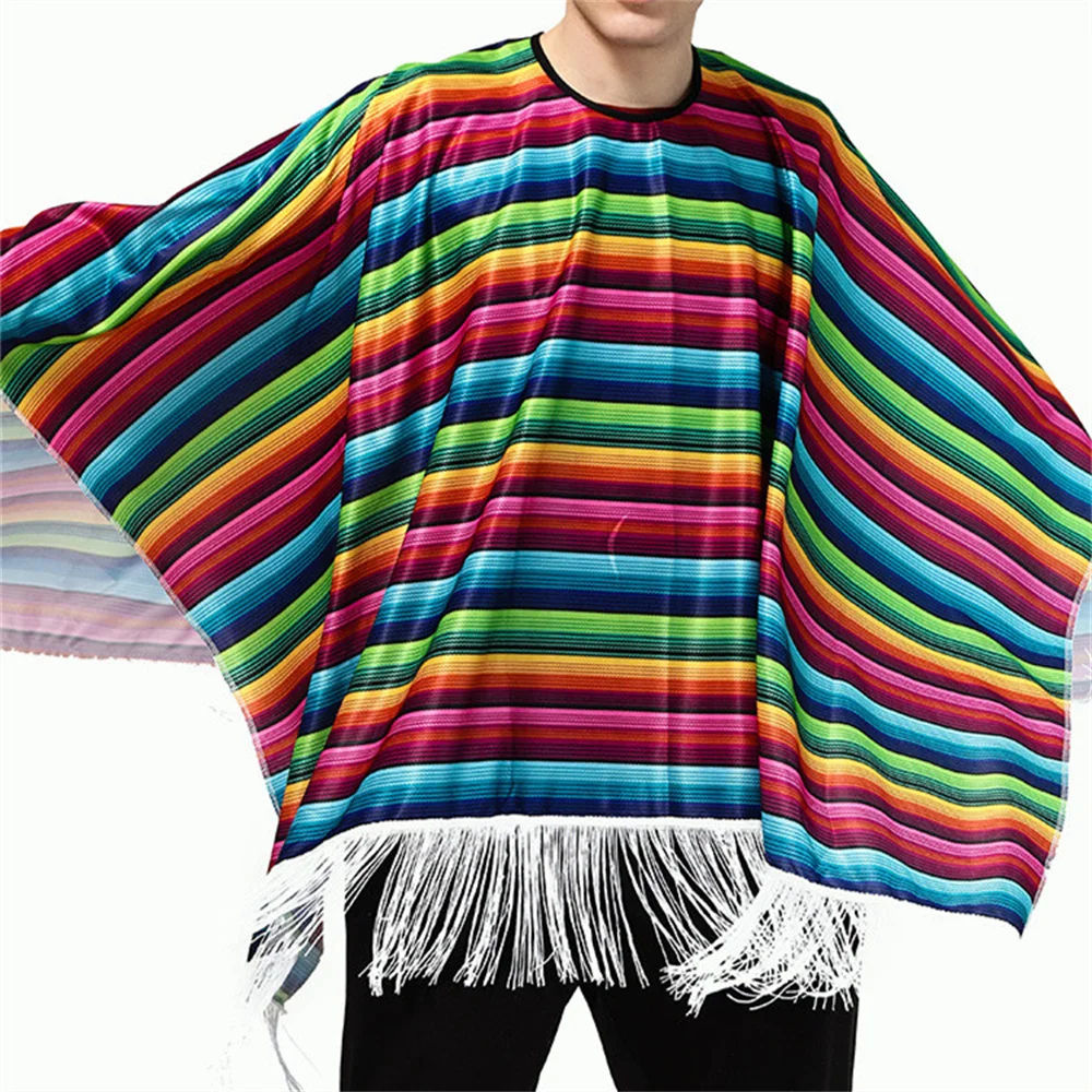 Men Mexican Poncho Wild West Cowboy Costume Carnival Party Bandit Outfits Blanket Clothing Adult Hippie Wear Cloak Mexico Fancy