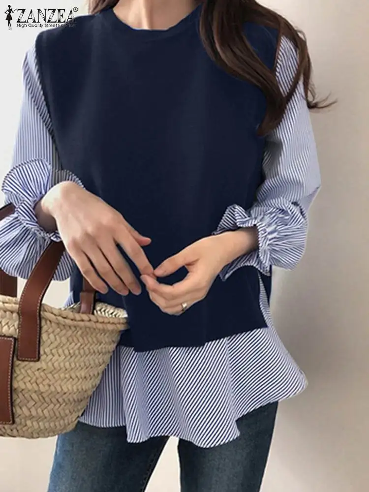 

Модные женские свитшоты ZANZEA в полоску, блузка с расклешенным рукавом и круглым вырезом, осенняя Повседневная рубашка в стиле пэчворк, праздничные уличные Топы
