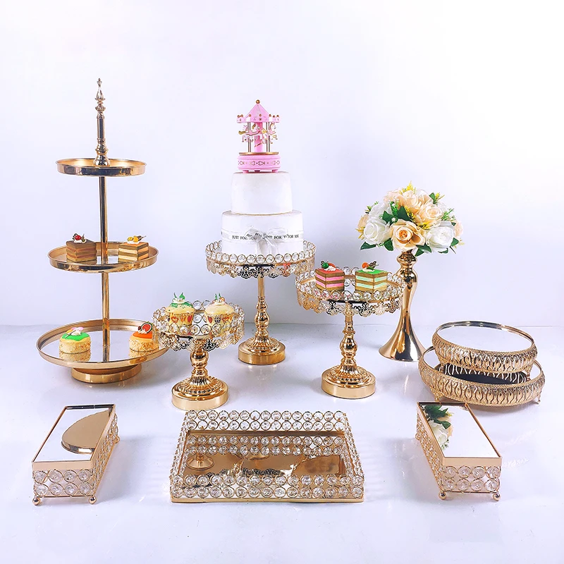 Silver Gold 7-10pcs  Electroplate Metal  Crystal Cake Stand Set Display Wedding Birthday Party Dessert  Cupcake Plate Rack