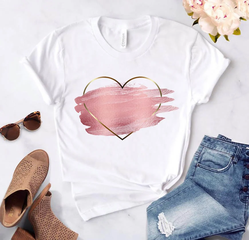 

Heart flower print ladies T-shirt ladies casual basis O-collar white shirt short sleeve ladies T-shirt love graphic printing