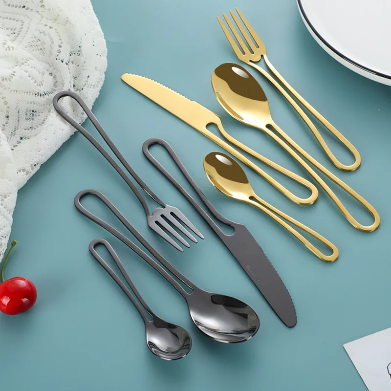 

4Pcs Luxury Knife Fork Spoon Cutlery Set Tableware Set Tainless Steel Elegant Dinnerware Set Hangable Design Customizable Logo