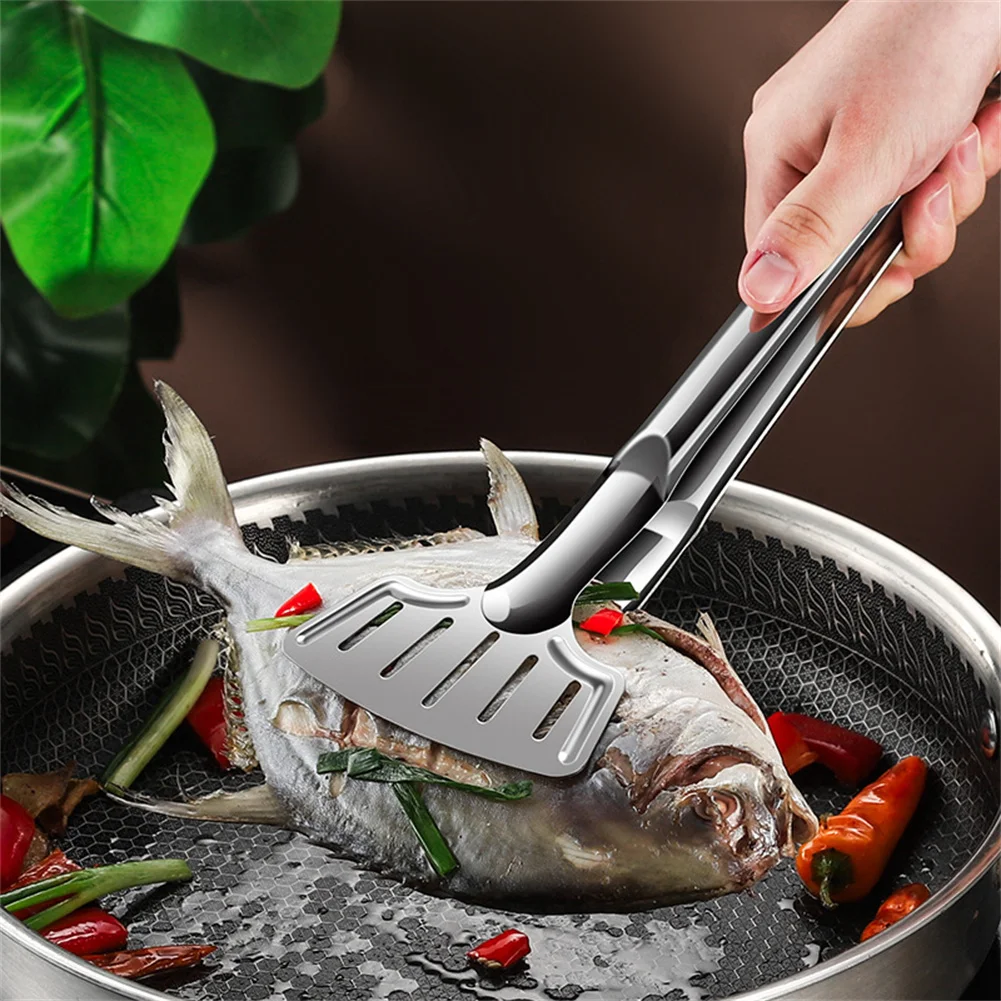 

Barbecue Cooking Tongs Stainless Steel Fried Fish Flipping Spatula Tongs Clip For Fish Beef Steak Bread BBQ Grilling Tools