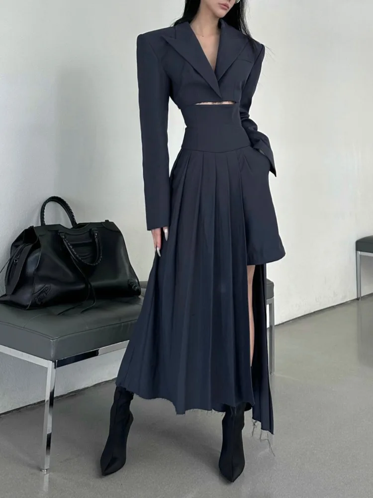 

Женская Асимметричная плиссированная юбка DEAT, короткая куртка с отложным воротником и длинными рукавами, с высокой талией, 13DK191, осень 2023