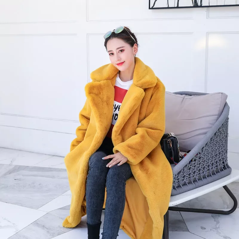 New2022 Women High Quality Faux Rabbit Fur Coat Luxury Long Fur Coat Loose Lapel OverCoat Thick Warm Plus Size Female Plush Coat