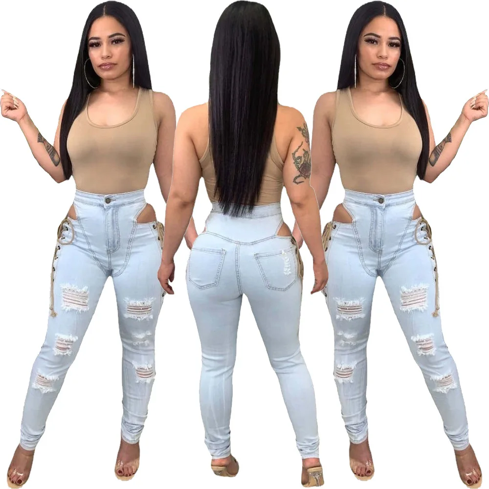 

Summer Clothes for Women Jeans Feminino 2022 Fashion New Style Eyelet Lace-up Washed Ripped Casual Skinny Sexy Stretch Jeans