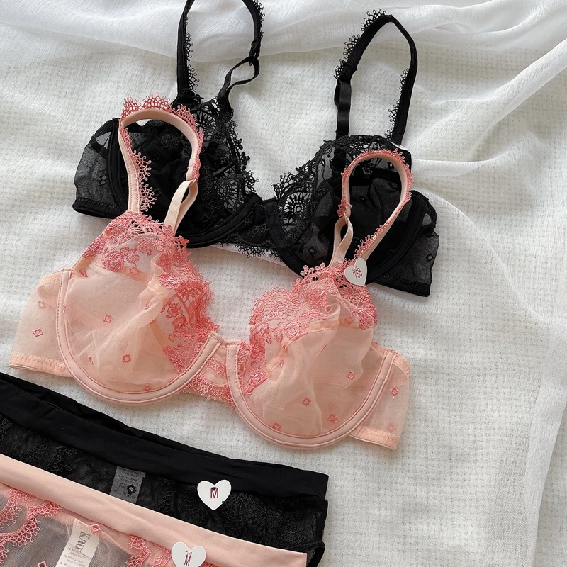 

Sexy bra and panty set gauze ultra-thin brakette small chest gathered lace big chest show small female anti-sagging bralette