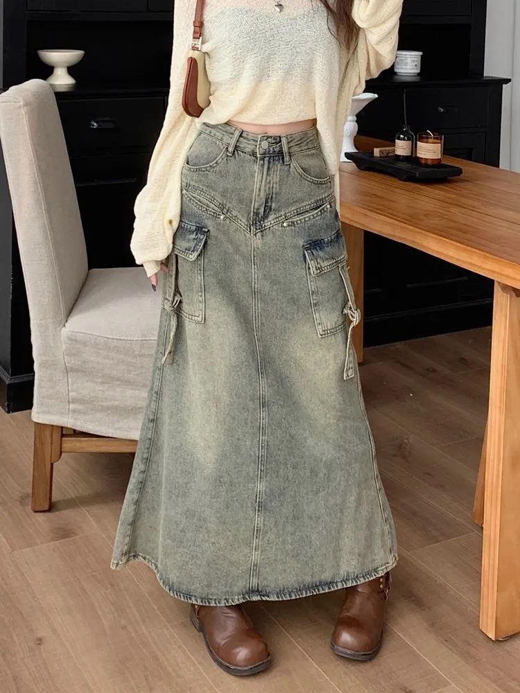 

Женская джинсовая юбка-карго GUUZYUVIZ с вырезом Y2k, уличная одежда, повседневная трапециевидная юбка с разрезом