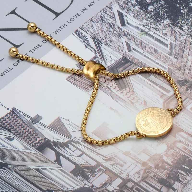 

Stainless Steel Catholic Priest Exorcist Saint Benedict Bracelet Adjustable Titanium Steel Religious Jewelry Gift