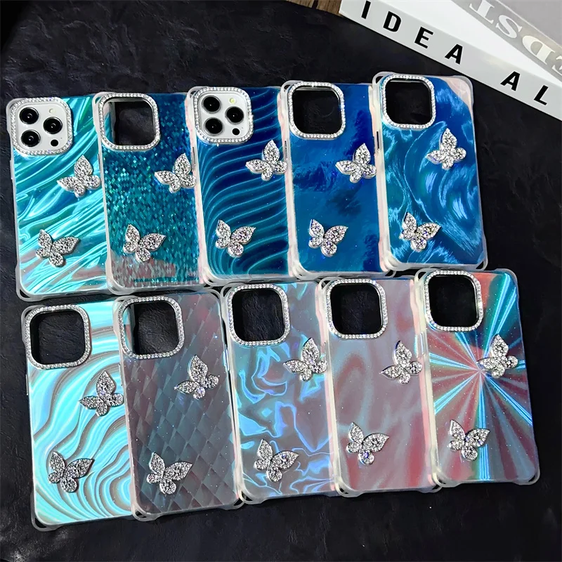 Жидкий Блестящий Защитный чехол с бабочкой для камеры iPhone 11 12 13 14 15 16 Pro Max Plus
