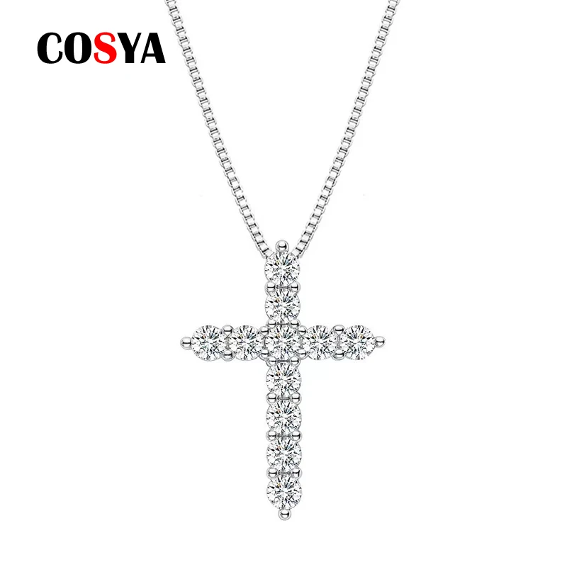 COSYA 925 Sterling Silver 0.1ct 3mm D VVS1 Box Chain Moissanite Cross Pendant Necklace For Women Sparkling Wedding Fine Jewelry