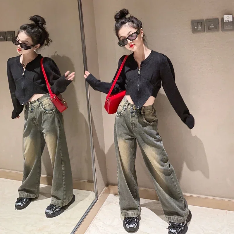 2 шт. детский джинсовый костюм с пузырьковым рукавом на Возраст 4-14 лет