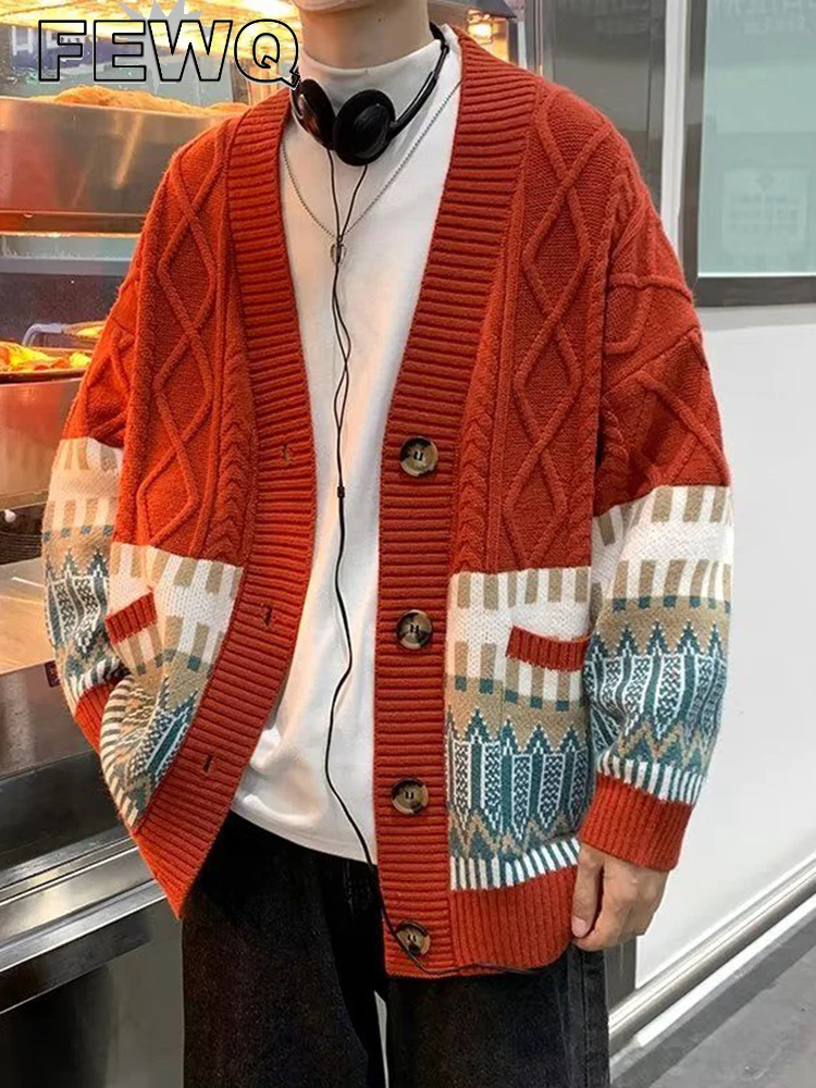 

FEWQ Men's Cardigan Simple V-neck Jacquard Sweaters For Men 2022 Autumn Winter Knitwear Versatile Loose Color Contrast 24A578