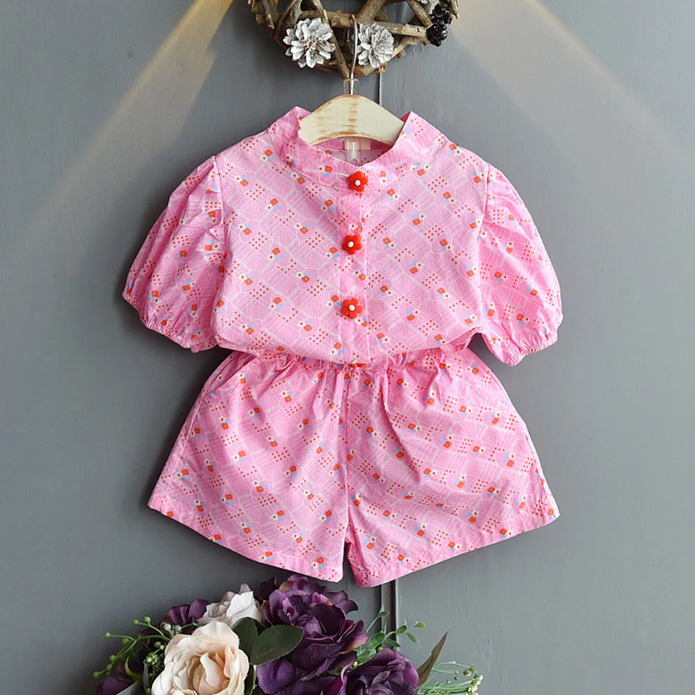 

Print Floral Little Girl Clothes Two-Pieces Suits Outfits Short Sleeve Kids Girls Clothing Sets Summer Girls Boutique Outfits