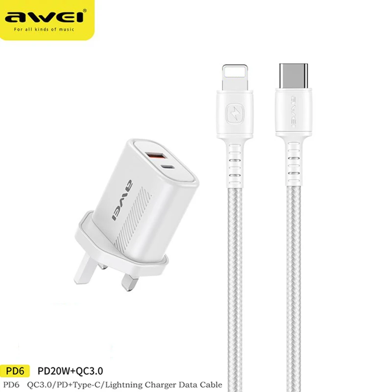 

Awei PD6 20W Fast Charge QC 3.0 Type-C to Lightning Quick Charge For iOS /Android Mobile Phone Dual Ports Safe Charging UK Plug