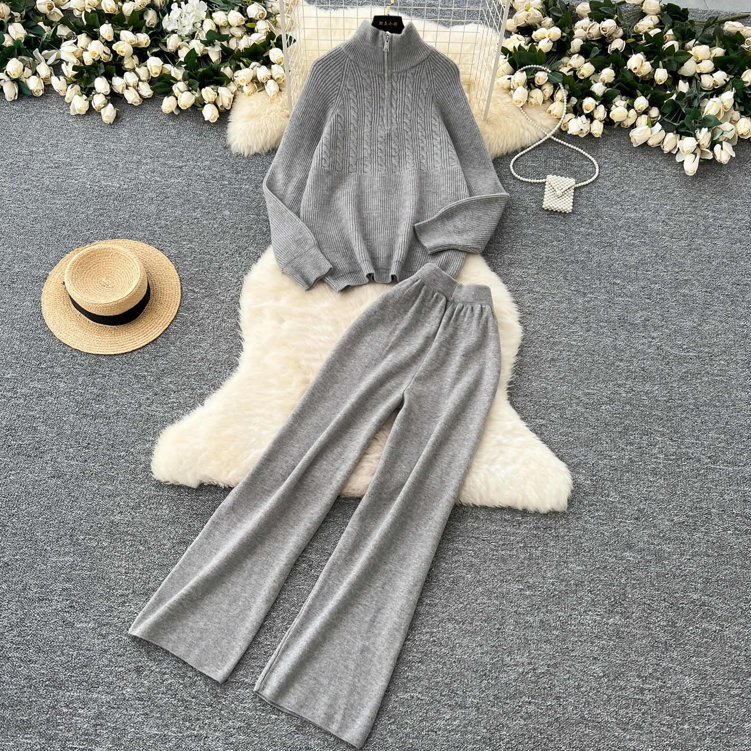 Женский трикотажный брючный костюм Повседневный свитер на молнии с