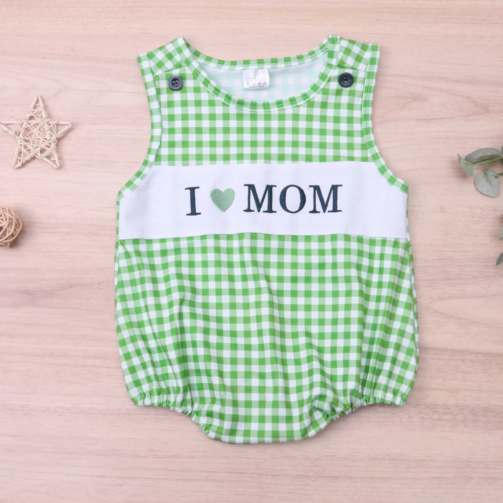 

New Born Jumpsuit Baby Boy Clothes I LOVE MOM Embroidery Bubble Infant Romper Lattices Outfits Green Shorts Bodysuit 0-3T Outfit