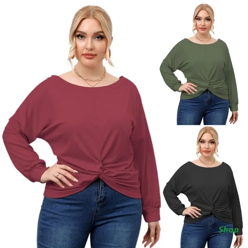 

L5YC Solid Plus Size T-shirt for Women Irregular Twist Knot Blouse Loose Pullover Top