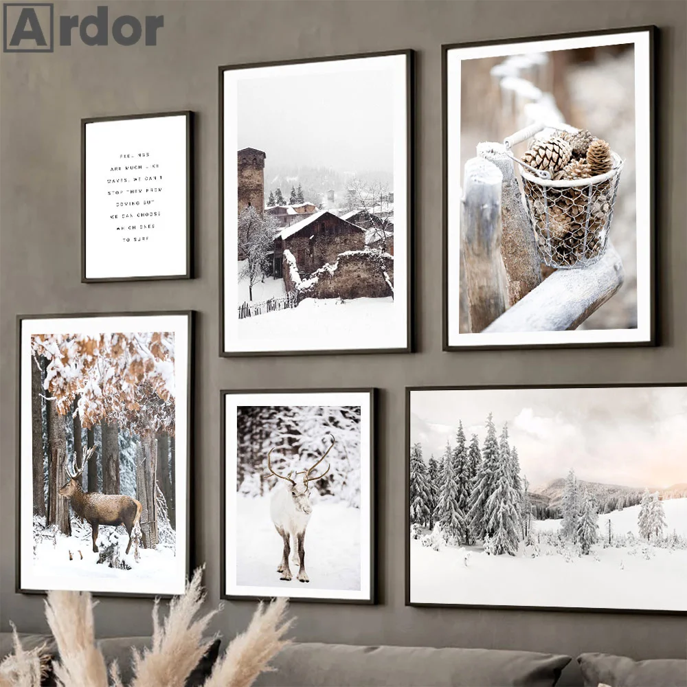 

Winter Snow Forest Scenery Canvas Painting Pine Wood Wall Poster Reindeer Art Print Nordic Wall Pictures Living Room Home Decor