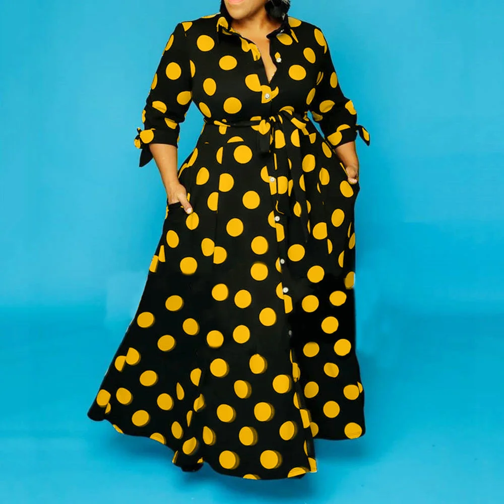 Plus Size Large Women's Dress New Ins Net Red Large Shirt Long Sleeve Dot Print Dress Loose Lace-up Casual Female Clothes