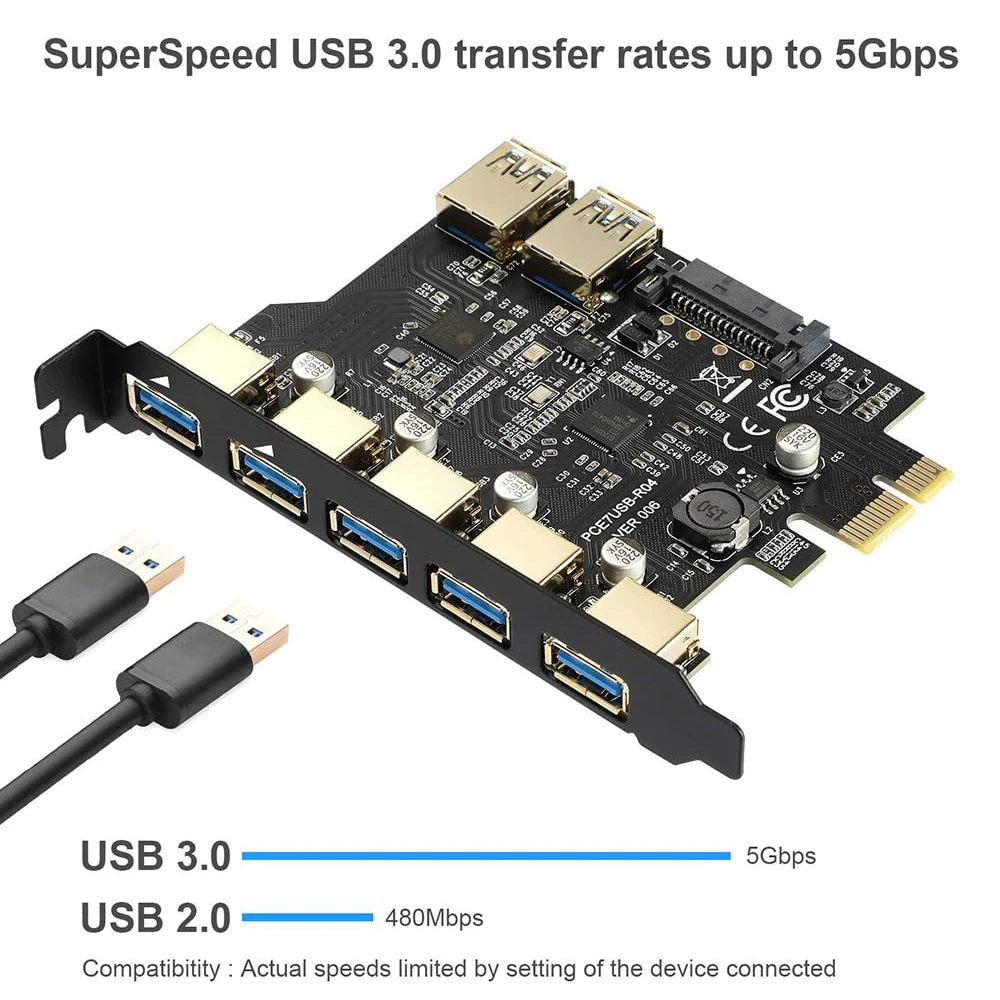 PCI Express USB 3.0 7-портовая плата расширения с 15-контактным разъемом питания SATA PCIE X1 3 0